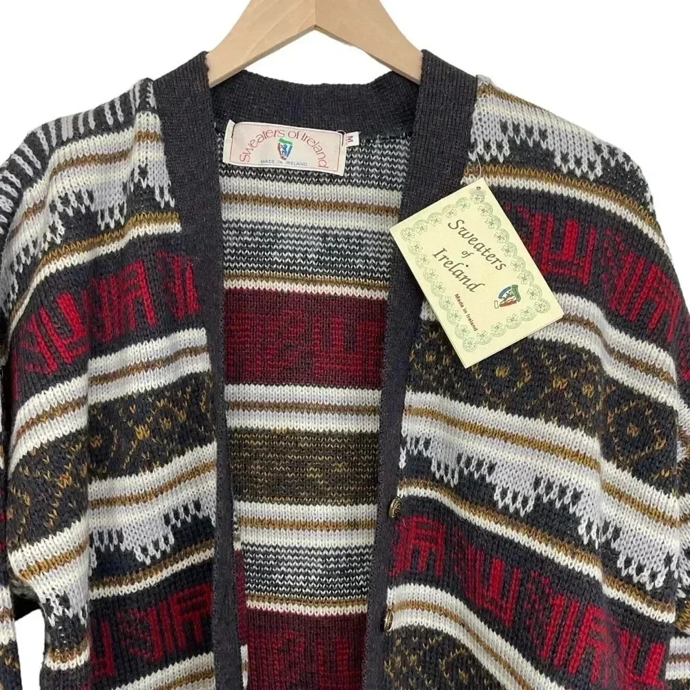 Sweaters Of Ireland Button Front Wool Multi Print Cardigan Medium